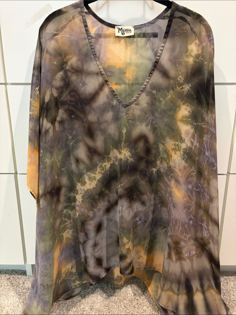 Show Me Your MuMu Sheer Tie-Dye V-Neck Tunic in Olive, Black, Purple & Mustard